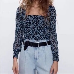 Zara Animal Print Ruched Poof Sleeve Blouse